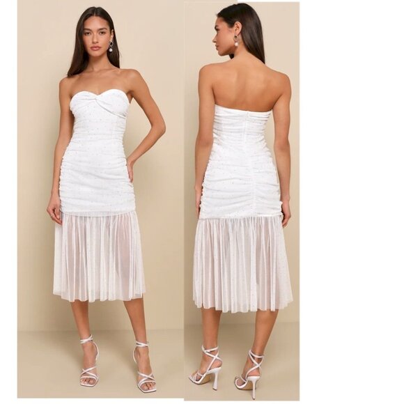 Lulus Dresses & Skirts - Lulus Sparkling Babe White Mesh Rhinestone Ruched Midi Dress Medium NWT